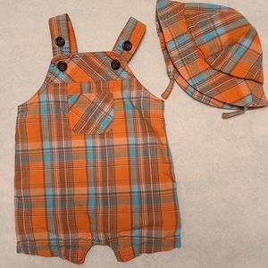 Plaid cotton shortalls with matching sun hat